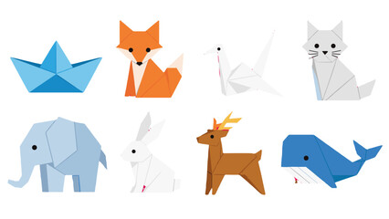 Fototapeta premium Set of colorful origami animals and paper boat vector icons