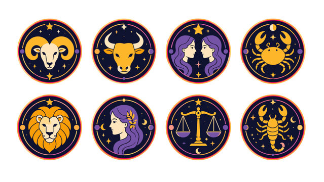 Set of zodiac sign badges with celestial circular designs