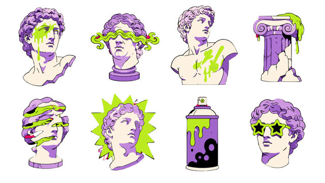 Pop art vector set of classical statues and broken column