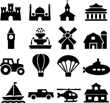 Architecture and travel icons set featuring medieval castle mosque church temple big ben fountain windmill barn tractor hot air balloon parachute submarine sailboat pickup truck helicopter and house.