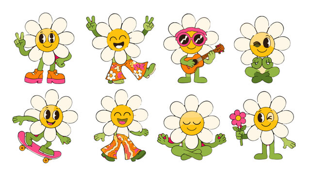 Set of cute cartoon daisy characters in playful poses
