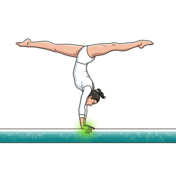 A female gymnast performing a perfect handstand split on a teal balance beam illustration