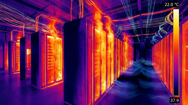 Thermal imaging camera view of a data center server room showing heat distribution and cooling systems