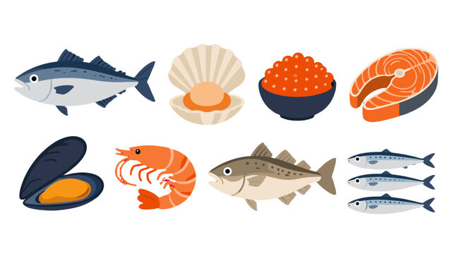 Seafood collection with fish, shellfish, roe and salmon steak