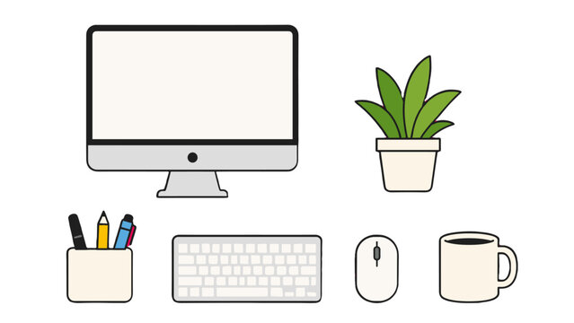 Simple desktop workspace illustration with computer and plant