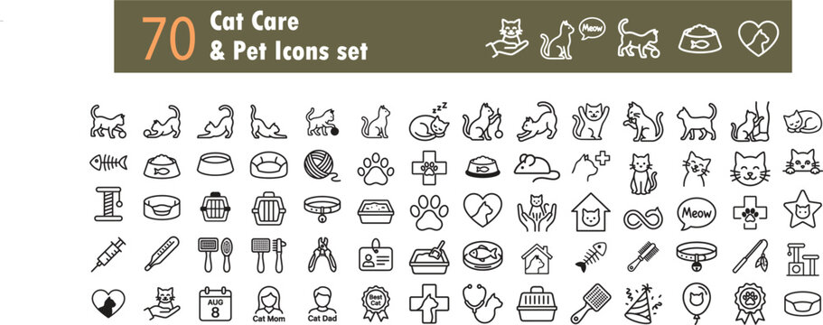 Cat care pet icons set 70 line art graphics for veterinary grooming and pet product designs
