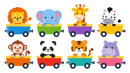 Obraz premium Cute cartoon jungle animals riding in colorful train cars