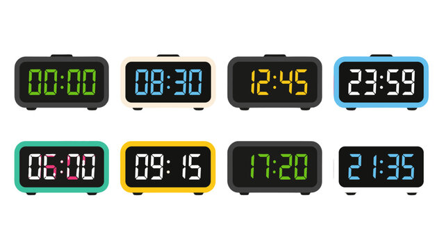 Set of digital alarm clocks with colorful LED time displays