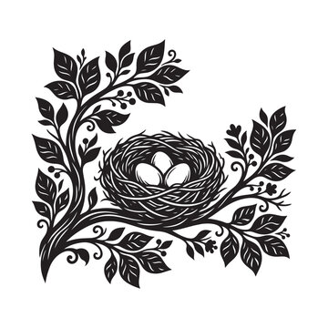 Black and white bird nest with eggs on a leafy tree branch illustration