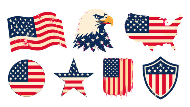 Set of patriotic American flag symbols and eagle vector icons