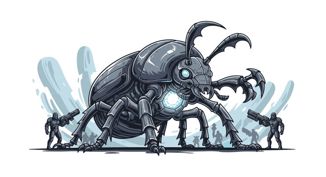 Vector illustration of a giant mechanical beetle warrior with armored plates and a glowing energy core, flanked by futuristic soldiers with rifles in a sci-fi battlefield scene.