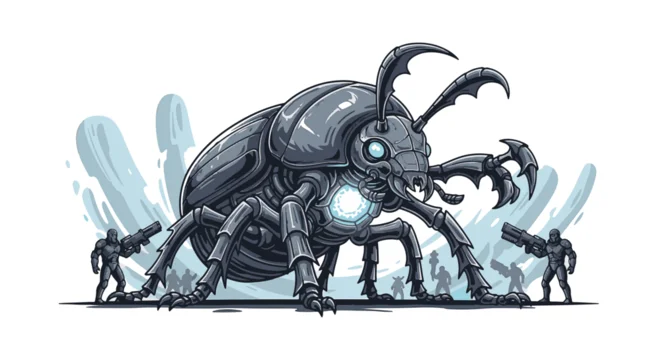 Vector illustration of a giant mechanical beetle warrior with armored plates and a glowing energy core, flanked by futuristic soldiers with rifles in a sci-fi battlefield scene.
