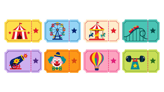 Colorful carnival tickets with amusement icons set