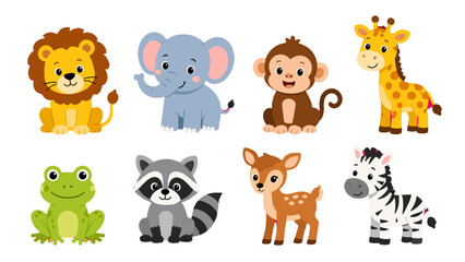 Obraz premium Cute cartoon wild animals set with lion elephant monkey and giraffe