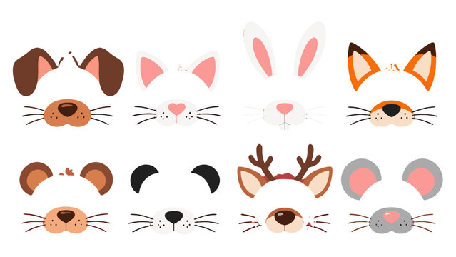 Cute animal face costume masks set in flat vector style