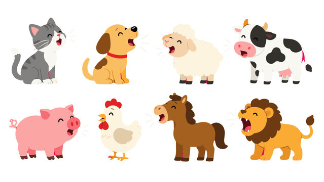 Cute cartoon farm and domestic animals making sounds set