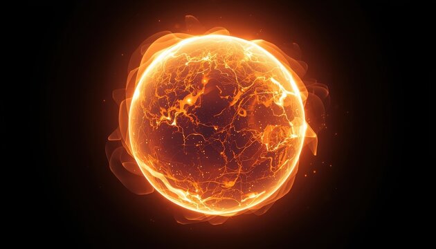 Vibrant orange glowing planet with cracks and flames on surface against black background