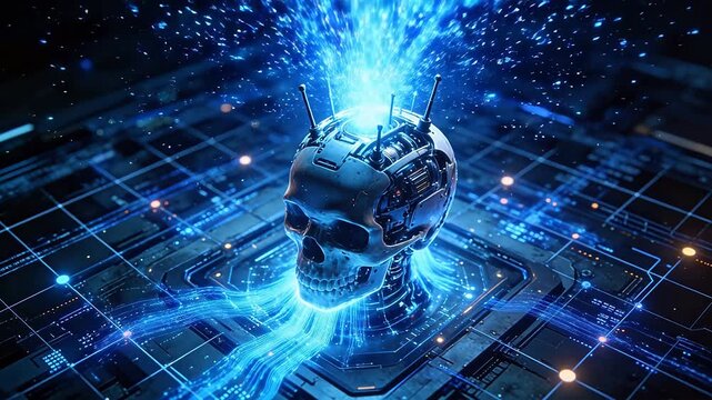 Mechanical skull with antennas on circuit platform surrounded by blue data streams