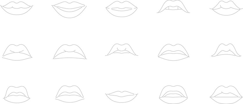 Minimalist vector outline icon set featuring fifteen various human lip shapes and mouth expressions, including thin, full, and wide contours, isolated on a plain white background.