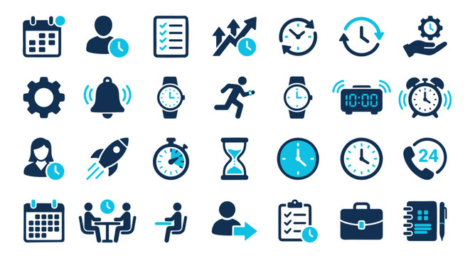 Time management icon set, productivity and scheduling symbols in blue and black, 28 flat vector icons for business planning and deadline tracking