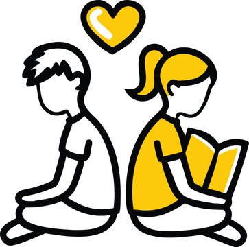 Doodle illustration of a couple sitting together reading books with a heart