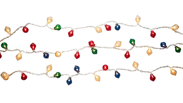 Isolated vibrant colorful Christmas string lights with glowing bulbs for festive holiday decoration