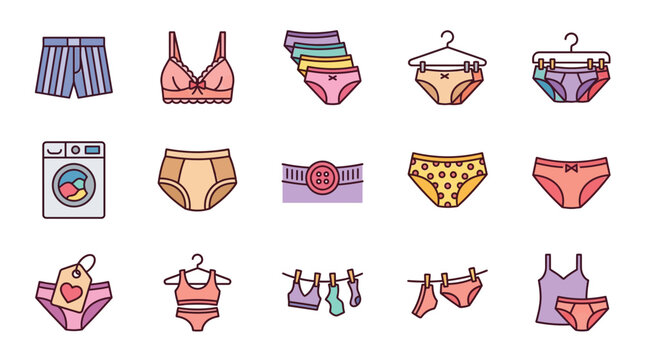 Colorful assorted underwear and laundry icons in pastel tones