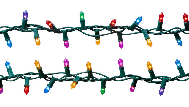 Isolated string of vibrant multicolored festive Christmas lights for holiday season decorations