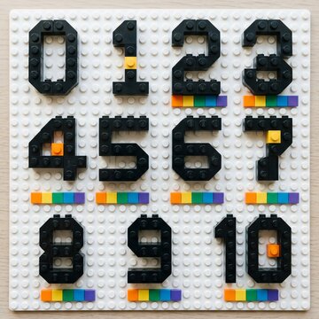 A top-down view of numbers zero through ten built from black toy bricks on a white baseplate, accented with vibrant, colorful block details.