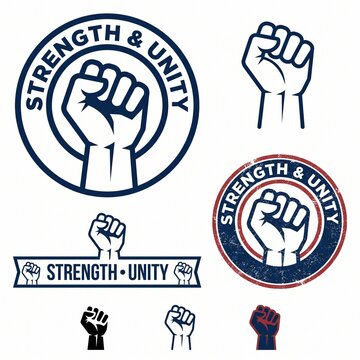 Bold stylized vector logos and design elements featuring a raised fist and the text "Strength & Unity," representing empowerment, solidarity, and resilience.
