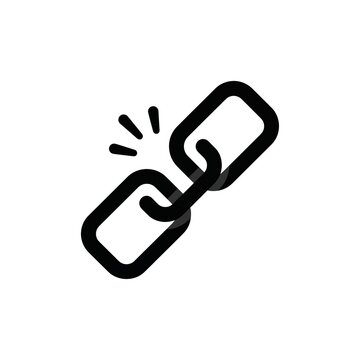 A clean, minimalist vector icon depicting a broken chain link with motion lines, symbolizing a severed connection, error, or unlinking process on a solid white background.