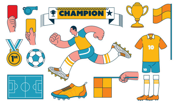 Set of Retro Football Soccer Character and Object