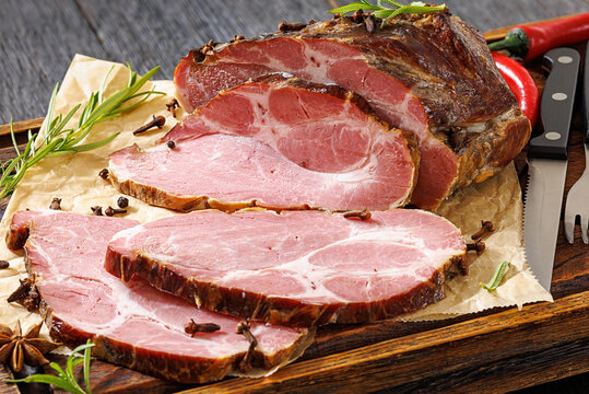 Thick Slices Of Smoked Pork Neck , top vew