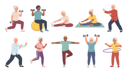 Fototapeta premium Set of diverse senior people doing various fitness exercises in this colorful flat vector illustration