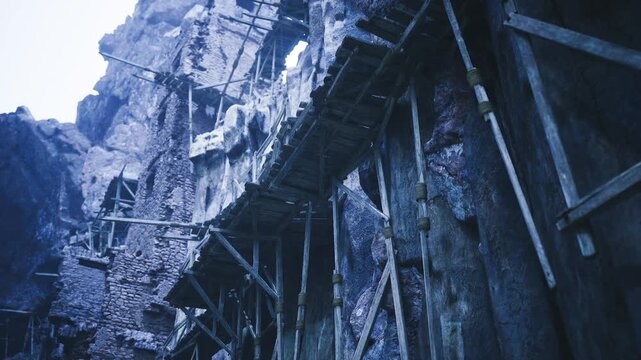 Icy cliffside walkway under overcast sky, frozen planks and frostcoated beams cling to steep rock, windswept ridge and desolate landscape evoke solitude