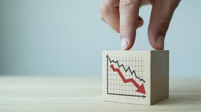 A hand places a block with a downward trend graph on a table indoors.