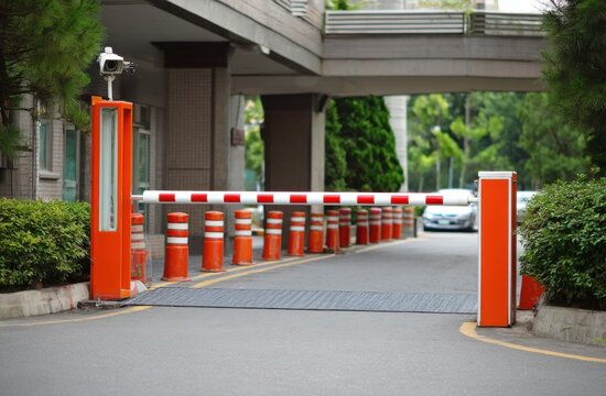 Boom barrier gate at building entrance with security camera and traffic cones