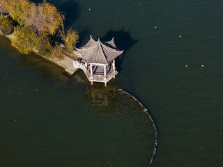 Naklejka premium Aerial View of Traditional Pavilion on Erhai Lake in Dali, Yunnan, China