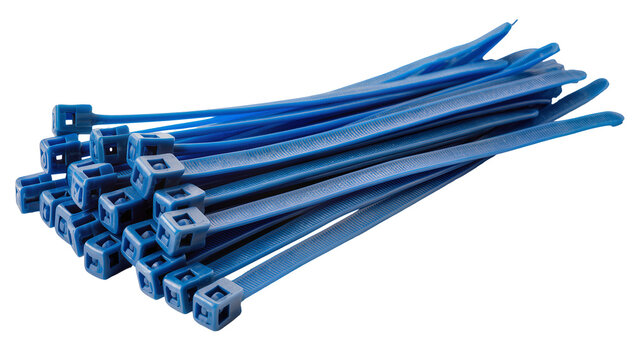 Isolated bunch of blue plastic cable ties for securing, fastening, and bundling wires