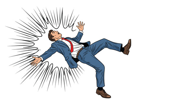 Surprised businessman in a blue suit falls backwards with his arms and legs spread wide on a white background.