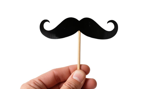 Isolated hand holding a funny black gentleman mustache on a stick for party celebration