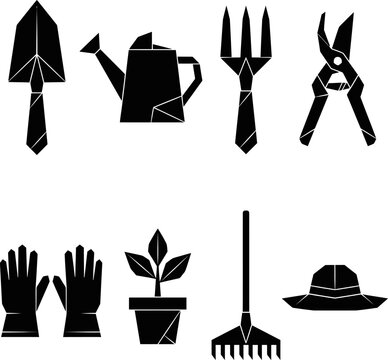 Geometric origami style garden tools icons set with stylized trowel watering can pitchfork shears gloves potted plant rake and straw hat for modern graphic designs.
