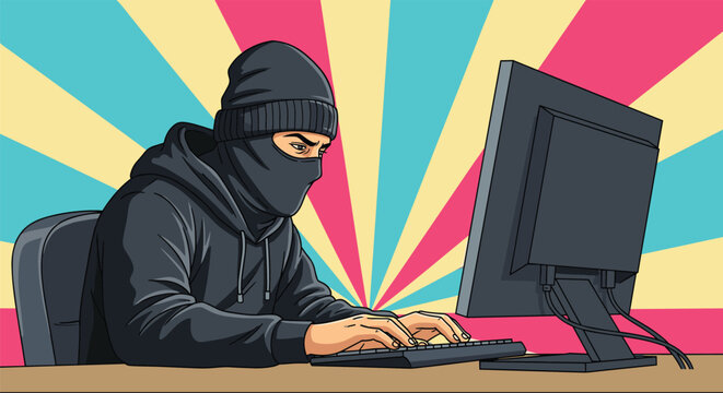 Anonymous hacker in a black hoodie and mask is focused while typing on a computer keyboard against a colorful ray background.