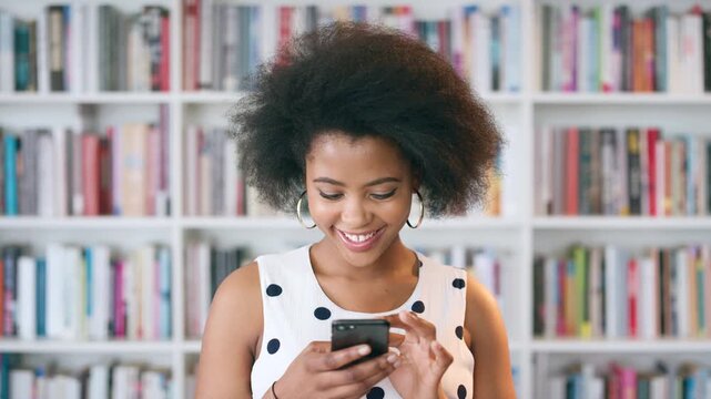 Teacher, laughing or happy woman with phone in library for academic study, knowledge or information. Female person, professor or scrolling with smile on smartphone for online curriculum or syllabus