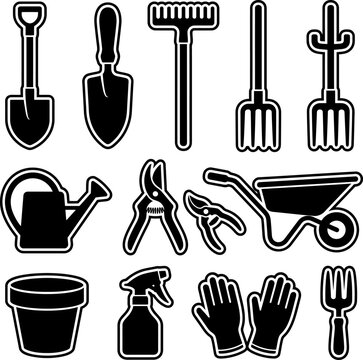 Set of gardening tools isolated on transparent background including shovel rake trowel watering can wheelbarrow gloves sprayer for professional backyard lawn maintenance.