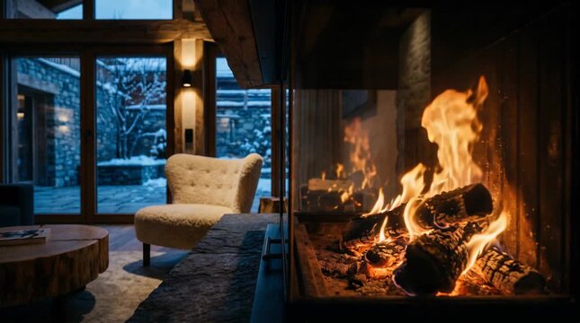 Cozy Fireside Scene In A Rustic Log Cabin With A Snow Covered Courtyard Outside And A Comfortable Armchair Illuminated By Warm Firelight In The Evening