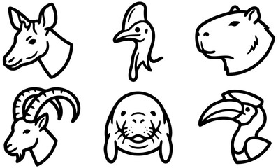 Minimalist vector graphic set featuring stylized black and white line art portraits of diverse exotic animals © SaiKir