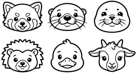 Cute set of vector animal faces featuring a red panda otter seal hedgehog duck and goat © SaiKir