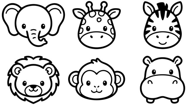 Set of cute cartoon animal faces illustrated as a clean black and white vector graphic design