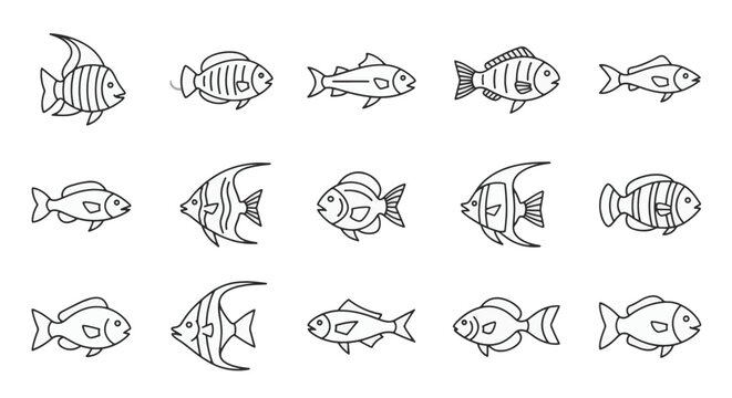 Collection of fifteen minimalist fish outline icons featuring diverse aquatic species including angelfish and tropical sea life, presented in a clean black and white linear style.